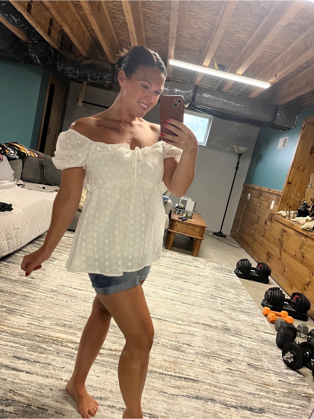 Motherhood White Eyelet Off-Shoulder Tie Peasant Blouse